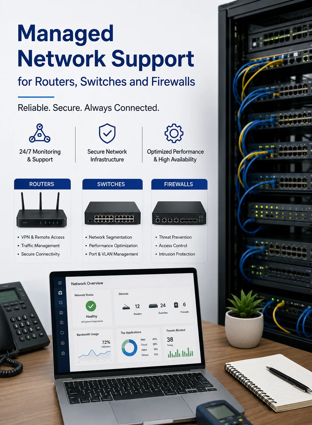 Managed network support for routers, switches and firewalls