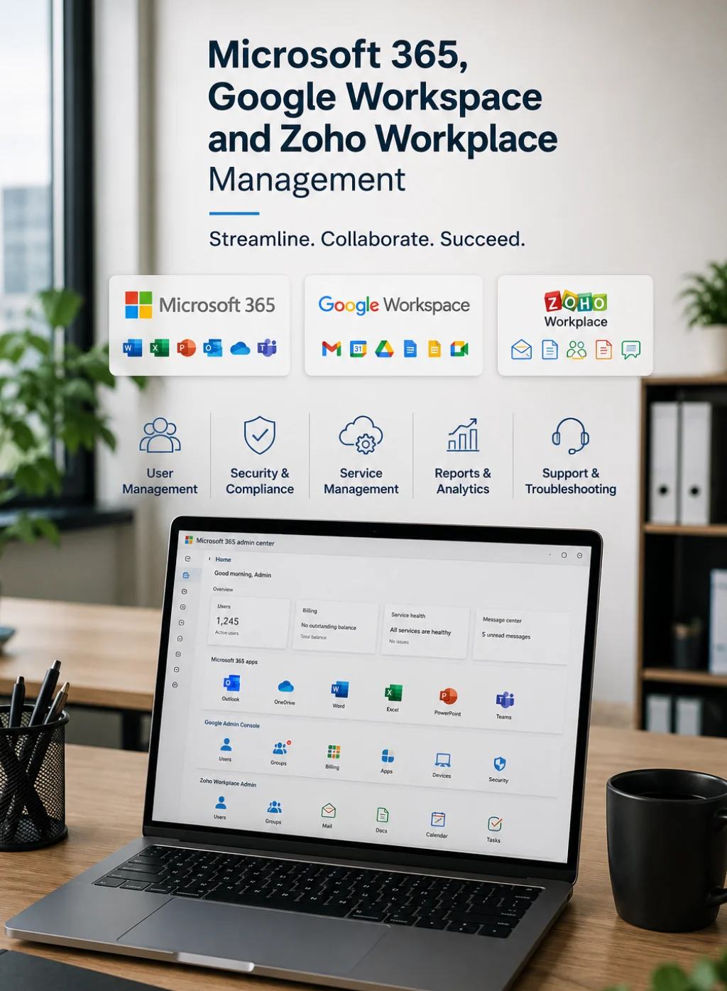 Microsoft 365, Google Workspace and Zoho workplace management